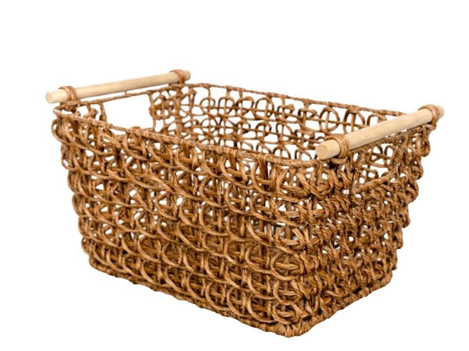 Artisanal Rectangular Twisted PE Resin Loop-Weaving Basket with Wooden Handles